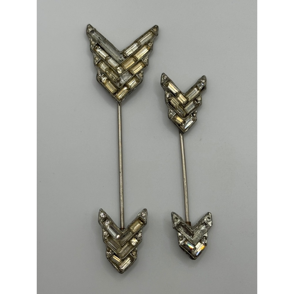 Vintage Jabot Pins Arrow Rhinestone Art‎ Deco Brooch Set Lot of 2 READ